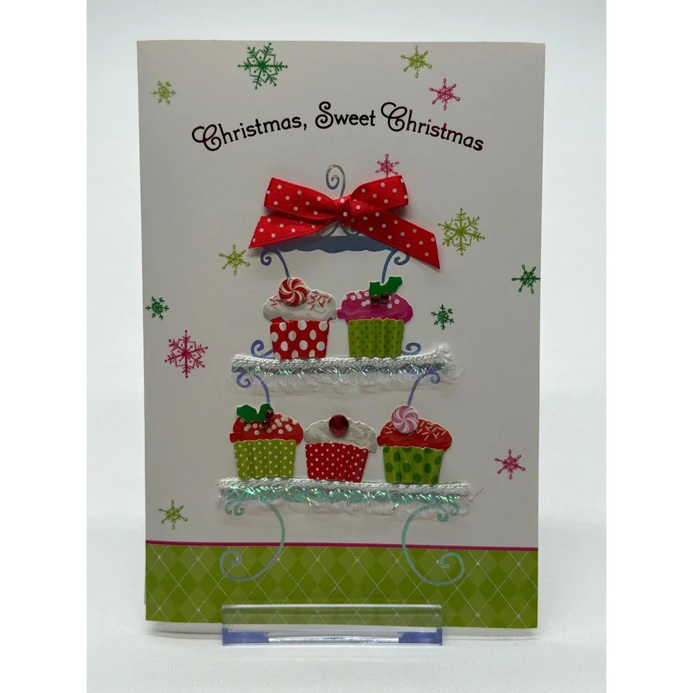 Hallmark Expressions Christmas Card 3D Cupcakes Red Bow Tinsel 1SAM 711-0
